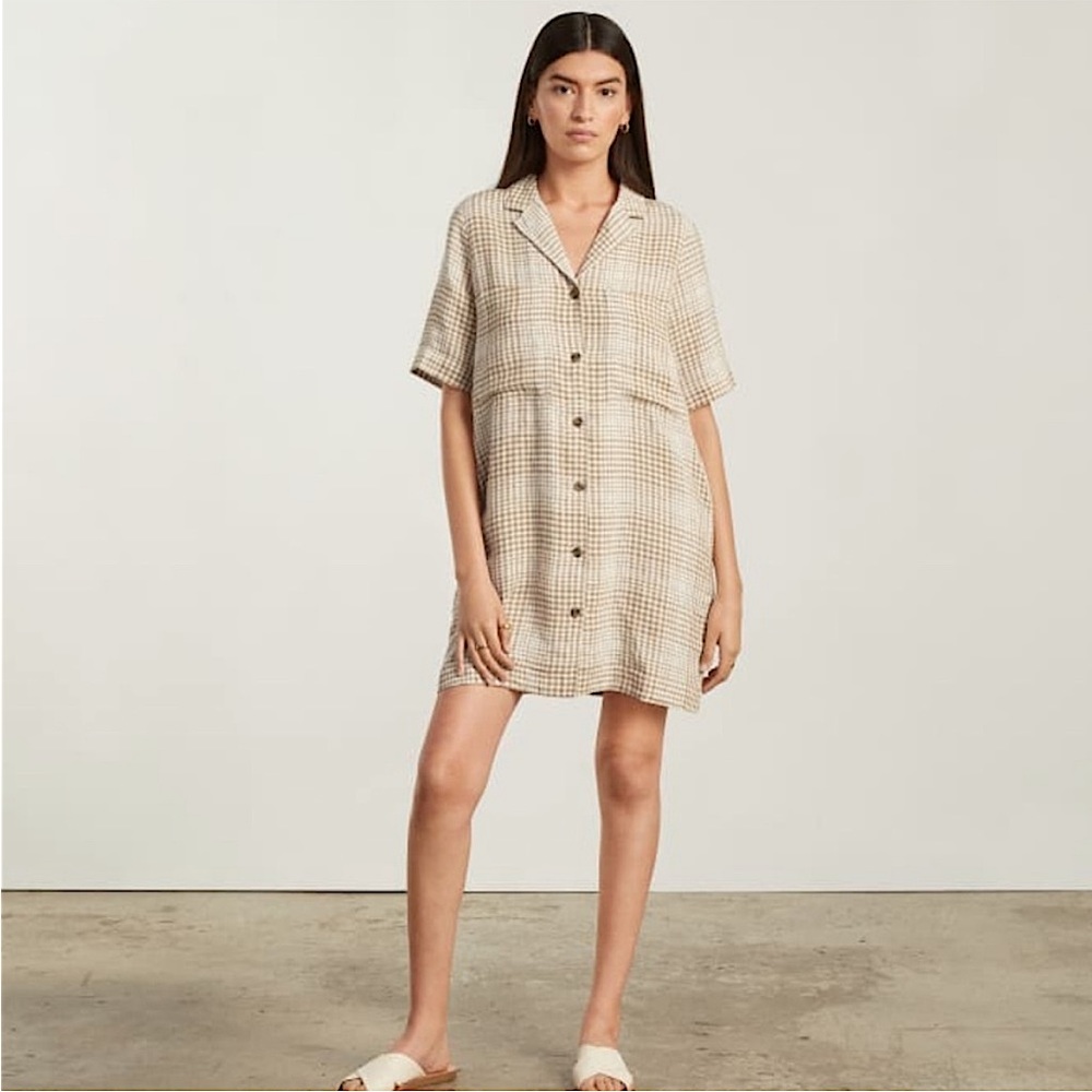 Everlane The Linen Workwear Dress Iced Coffee Grid